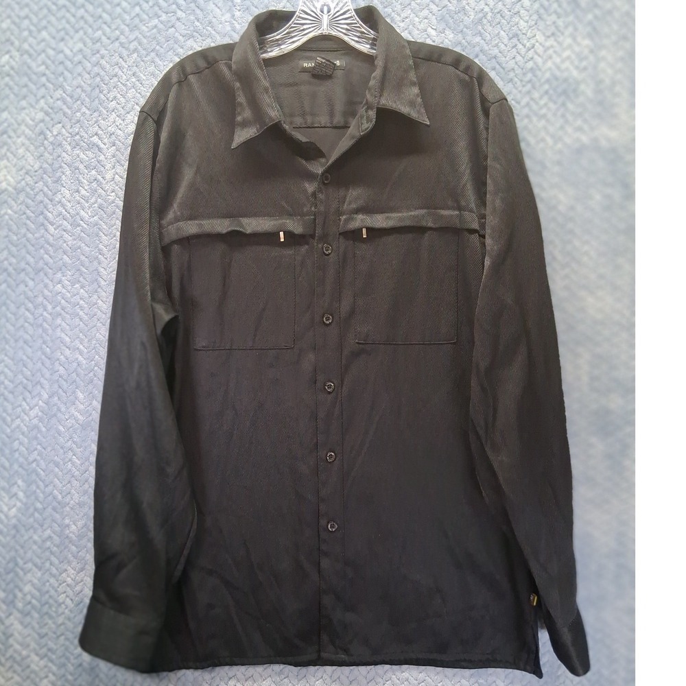 Rampage Menswear Black Textured Utility Button Down Shirt Large Zipper Pockets